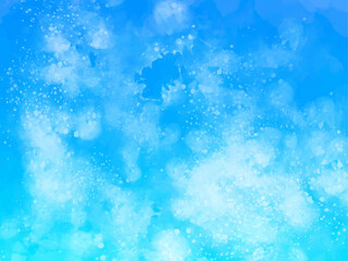 青空や海のようなイメージのグラデーション背景素材。手描きの水彩風テクスチャー。キラキラした光の粒子。水しぶき。スプラッシュ。もくもくした雲。爽やかな夏のイメージ