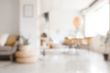 Blurred view of living room with table, chairs and houseplants