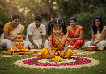 Fototapeta premium Indian Onam Festival Celebration Family with a Child Making Flower Rangoli in Kerala.