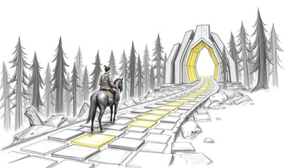 Horse rider adventure fantasy landscape forest path portal journey quest illustration magical gateway travel