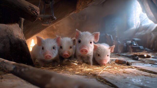 Cute Piglets in a Rustic Barn Setting with Soft Light Atmosphere - Powered by Adobe