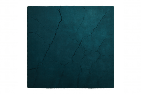 Teal cracked surface revealing textural decay, exposing fragile structural breakdown against transparent backdrop