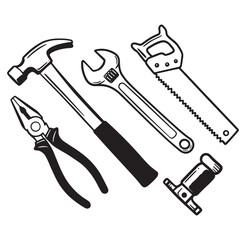 Monochrome illustration of various hand tools for construction and diy projects