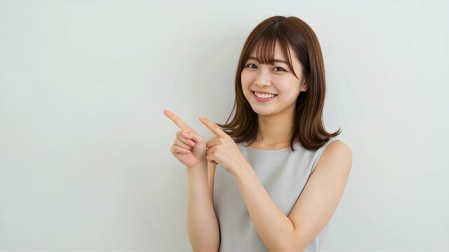 左を指さす、グレーのノースリーブを着た女性