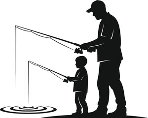 A silhouette illustration of a father and son fishing together, image depicts a heartwarming moment of family bonding and outdoor activity