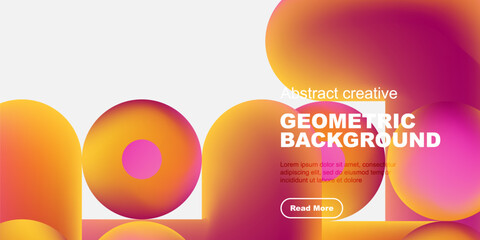 Vibrant geometric shapes overlap, creating colorful background. Text promotes further exploration, modern design aesthetic.