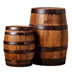 Fototapeta premium Set of Three Rustic Wooden Barrels, isolated on a transparent background