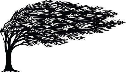 Obraz premium A silhouette illustration of a tree in wind, image captures force and motion of nature during a storm