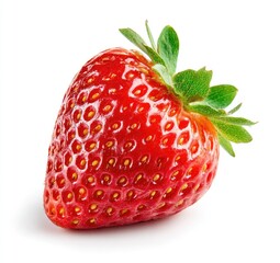 Single ripe strawberry, vibrant red, small green leaves