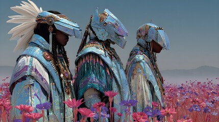 Fototapeta premium Futuristic Figures in Teal Regalia Standing in Pink Flower Field