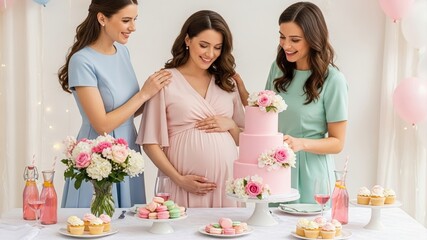 A joyful baby shower celebration with a pregnant woman and friends, decorated with flowers and treats.