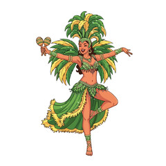 Beautiful Brazilian samba dancer in a green and yellow Carnival costume with maracas.