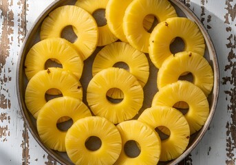Pineapple Rings on White Tray in Top View Composition