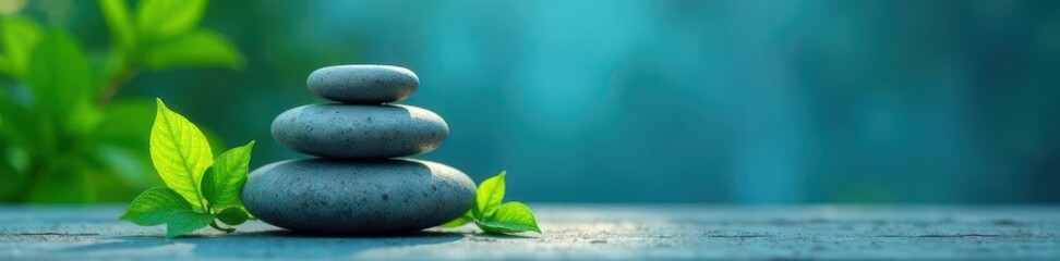 Obraz premium Balanced grey stones, vibrant green leaves, serene blue backdrop, peace, fresh, serenity
