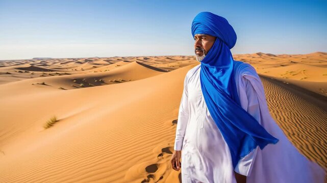 Tuareg man in traditional dress stands in the Sahara Desert, looking afar.