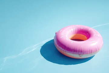 Pink donut inflatable pool toy on light blue water