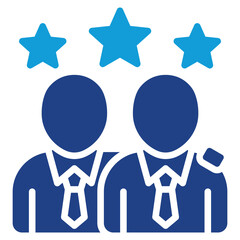 Business Rating Glyph Blue Silhouette Icon Design Vector - Two faceless business people with stars above, symbolizing professional rating or evaluation