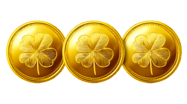 Three polished golden coins with embossed clover designs in a row, cut out transparent - Powered by Adobe