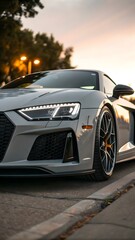 Luxury grey supercar front view at sunset with LED headlights