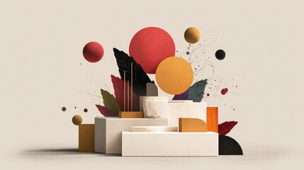 Abstract arrangement platforms, spheres, leaves, accents