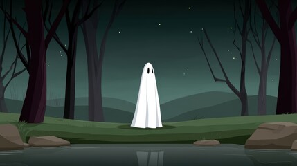 A phantom drifting through a moonlit swamp, glowing fireflies, text space on the left