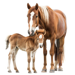 Obraz premium A mare standing protectively beside her foal in a serene outdoor setting, showcasing their bond