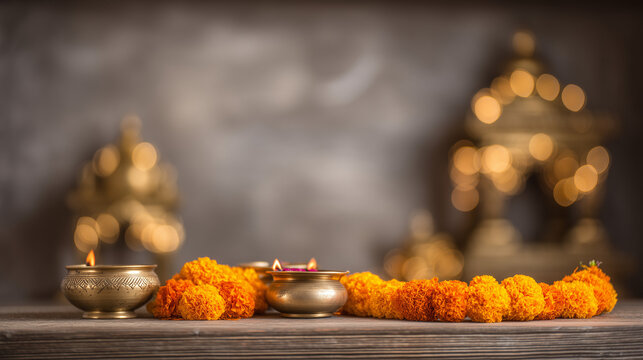 Golden Brass Diya with Marigold Garland for Gita Jayanti Prayer Offering and Hindu Devotional Worship Ritual