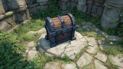 Treasure chest atop stone platform, surrounded by grass