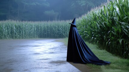 A ghostly silhouette in a moonlit corn maze, eerie shadows, copy space on the right