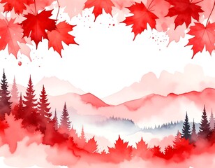 Obraz premium Watercolor landscape of red autumnal forest and mountains, framed by maple leaves