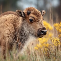 Fototapeta premium Adorable bison calf portrait amidst yellow wildflowers in a soft, natural light.