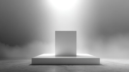 White block on platform, bright light, foggy background