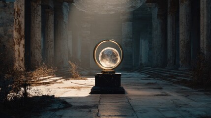 Orb in ruinous hall, illuminated