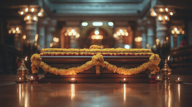 Sacred Bhagavad Gita Decorated with Yellow Marigold Flowers in Temple for Gita Jayanti Festiva
