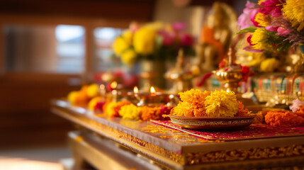 Colorful Gita Jayanti Puja Altar with Flowers, Diyas, and Sacred Offerings for Devotional Worshi