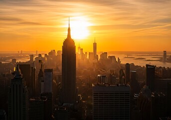 Stunning New York City skyline bathed in golden sunset light