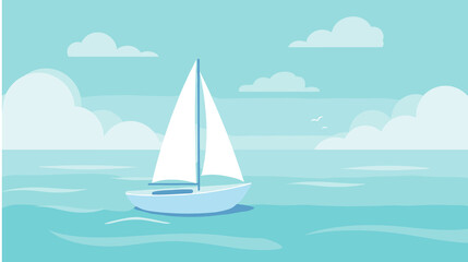 Fototapeta premium A simple sailboat illustration floating on calm water under a clear blue sky with fluffy clouds. The scene is tranquil and serene, with soft pastel colors.