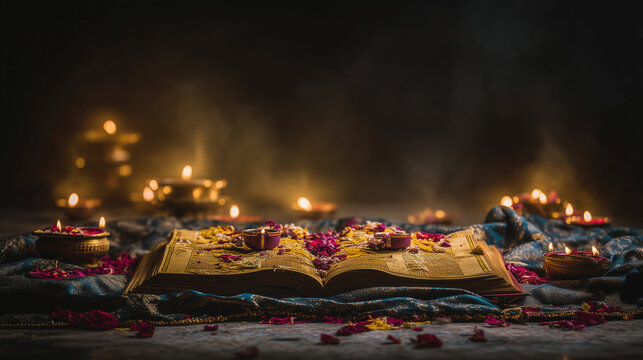 Sacred Bhagavad Gita Open with Candlelight and Flower Petals for Gita Jayanti Celebration in Traditional Hindu Worship Ceremony