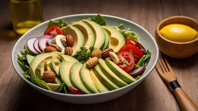 A vibrant salad bowl with creamy avocado slices, cherry tomatoes, red onion, mixed greens, boiled egg, and crunchy nuts, served fresh with lemon and olive oil for a healthy, colorful meal.
 - Powered by Adobe