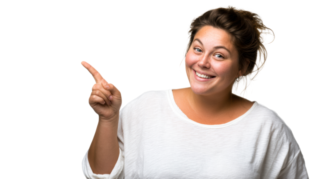 Smiling woman with freckles points to the side on a white background, cut out transparent