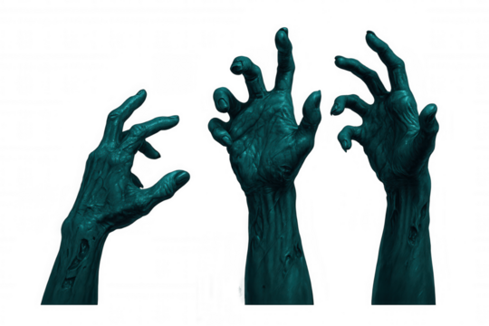 Three decaying zombie hands reach out from a transparent background, creating a chilling halloween or horror scene - Powered by Adobe