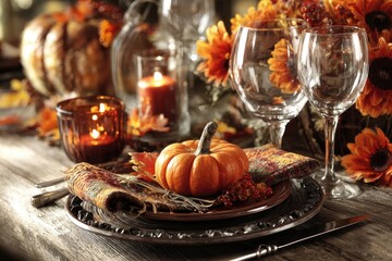 Autumnal Thanksgiving table setting with pumpkins, candles, and fall decor
