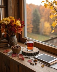 Warm amber tea autumn foliage nuts window