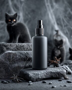 Minimalistic square foundation bottle mockup, frosted glass, metal pump, geometric display with Halloween props like black cats and cobwebs, large empty background