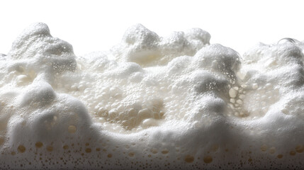 Close up view of light frothy bubbles forming a dense texture against a white background, cut out transparent