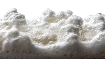 Close up view of light frothy bubbles forming a dense texture against a white background, cut out transparent
