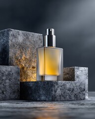 Minimalistic square foundation bottle mockup, frosted glass, metal pump, placed in geometric composition