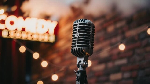 Vintage microphone stands ready for a stand-up comedy show on brick wall background - ready for a stand-up performance for entertainment promotion
