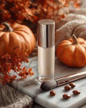 Foundation tube lying on marble surface with makeup brush, surrounded by Halloween candies and pumpkins, warm moody lighting, clear copy space