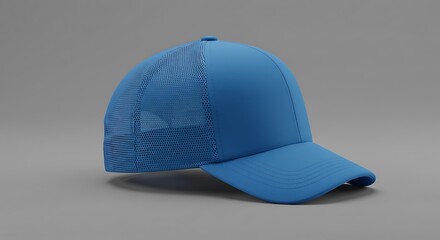 Mockup topi truk biru bergaya yang menawarkan opsi desain yang dapat disesuaikan dan sempurna untuk proyek branding dan barang dagangan
